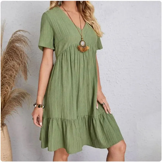 Women's V-Neck Short Sleeve Ruffle Peplum Dress